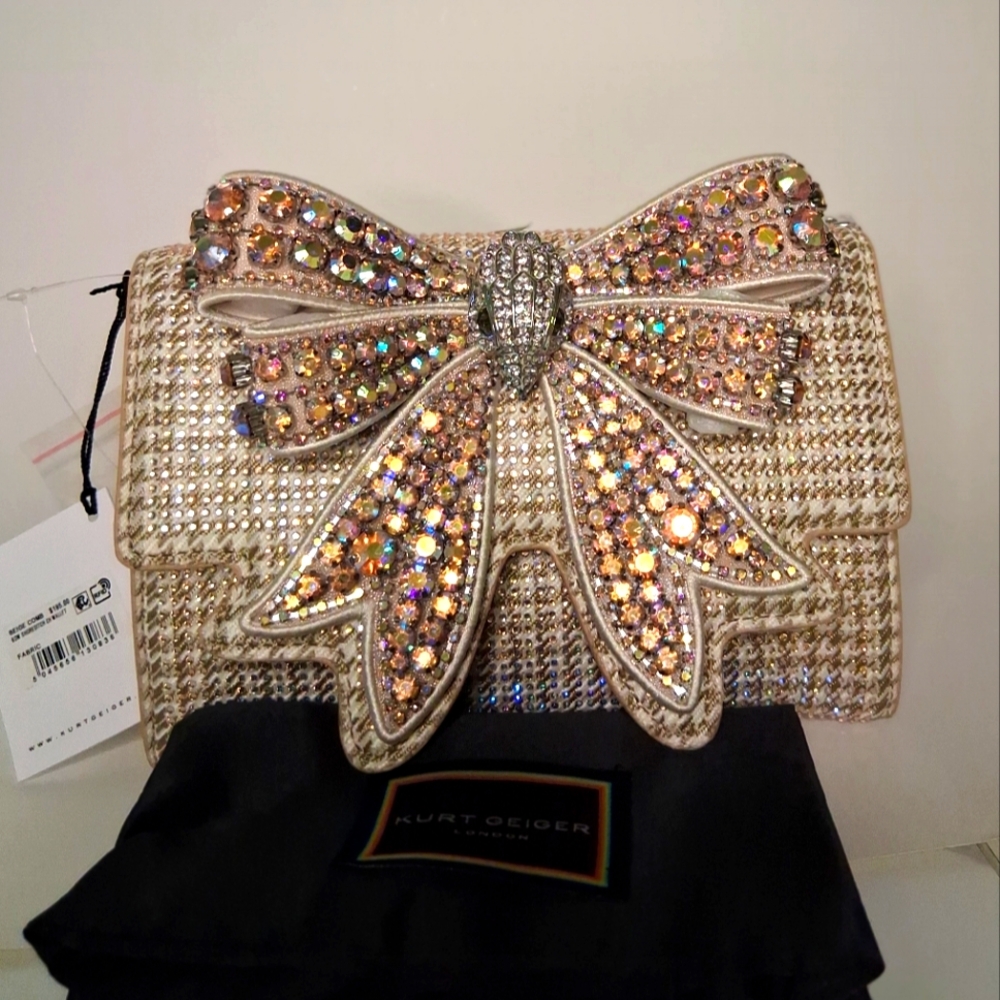 Kurt Geiger Shoreditch Bag Beigh/Gold Clutch with Bow Rhinestones NWT
